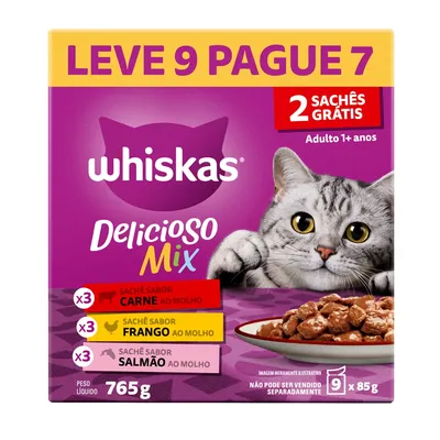 Ração Úmida Whiskas Sachê Gatos Adultos Carne, Frango e Salmão