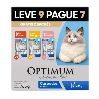 Ração Úmida Optimum Sachê Gatos Adultos Castrados Carne, Frango e Salmão