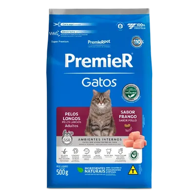 Ração Premier Ambientes Internos Gatos Adultos Pelos Longos Frango