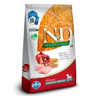 Ração N&D Ancestral Grain Selection Cães Adultos Medium Frango e Romã