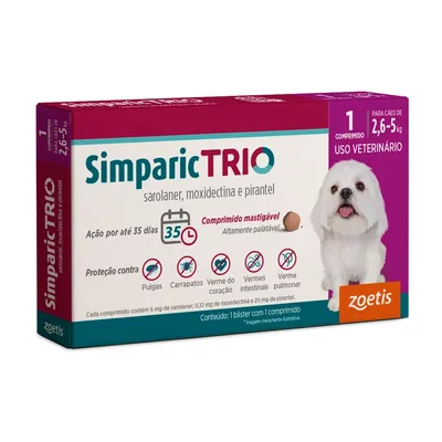 Antipulgas Simparic Trio 6mg para Cães 2,6 a 5kg
