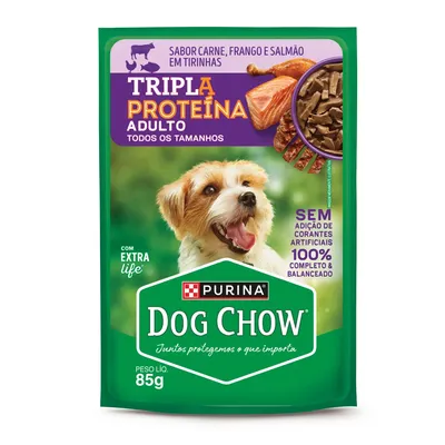 Ração Úmida Dog Chow Cães Adultos Tripla Proteína Carne Frango e Salmão em Tirinhas