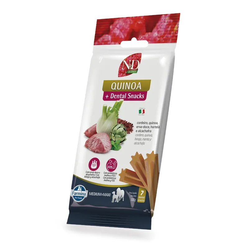 Petisco Dental N&D Quinoa Cães Médios e Grandes Cordeiro, Quinoa, Erva-doce, Hortelã e Alcachofra